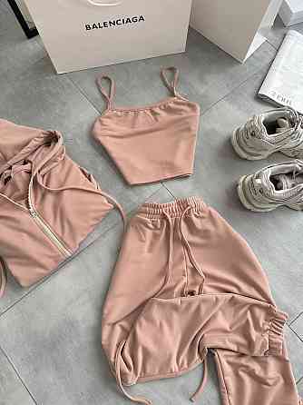 Жіночий повсякденний костюм-трійка: кофта топ і штани двонитка Беж, 46/48 Одеса