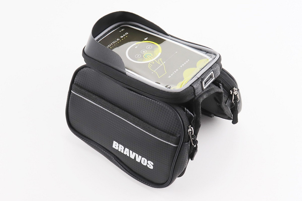 Сумка-штани на раму з тримачем телефону 170х90мм, бічні відділення, кріпл. на липучці, вологозахисна, під карбон Київ - фото 1