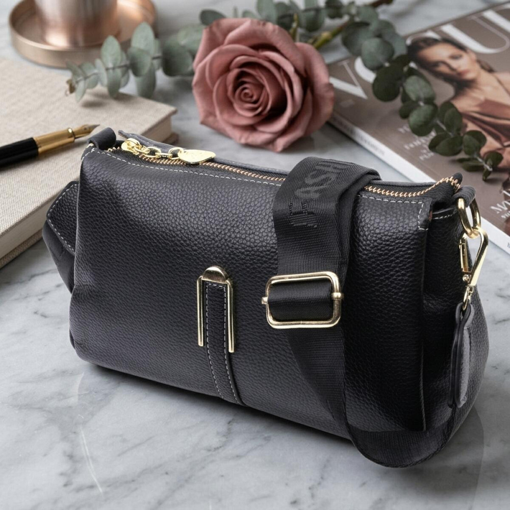 Жіноча сумка з металевою прикрасою по середині з натуральної шкіри Vintage 22607 Чорна Київ - фото 11