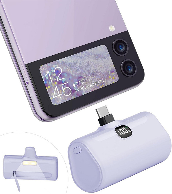 Портативное зарядное устройство LUCKYDUO 5000mAh, компактное, с LED-фонариком и подставкой, PD15W, фиолетовый Киев - изображение 1