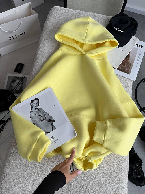 Женская базовая кофта худи из турецкой тринитки на флисе Лимонный Одесса - изображение 5