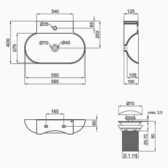 Комплект Qtap Cardinal: Раковина подвесная / накладная овальная 565х400х130 мм White + Донный клапан PU02 Киев