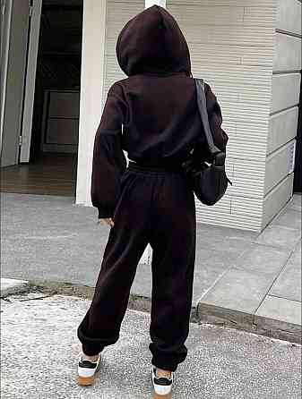 Жіночий теплий базовий костюм-двійка: соп худі+джогера тринитка на флісі Шоколад Одеса