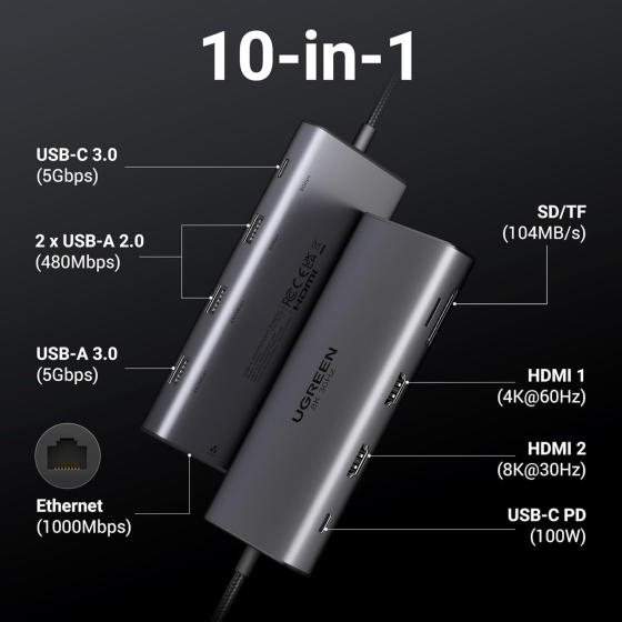 Usb Hub Док станция UGREEN Revodok Pro 210 USB-C 10-в-1, Dual HDMI 4K 60Hz, 8K, PD 100W, Ethernet Киев