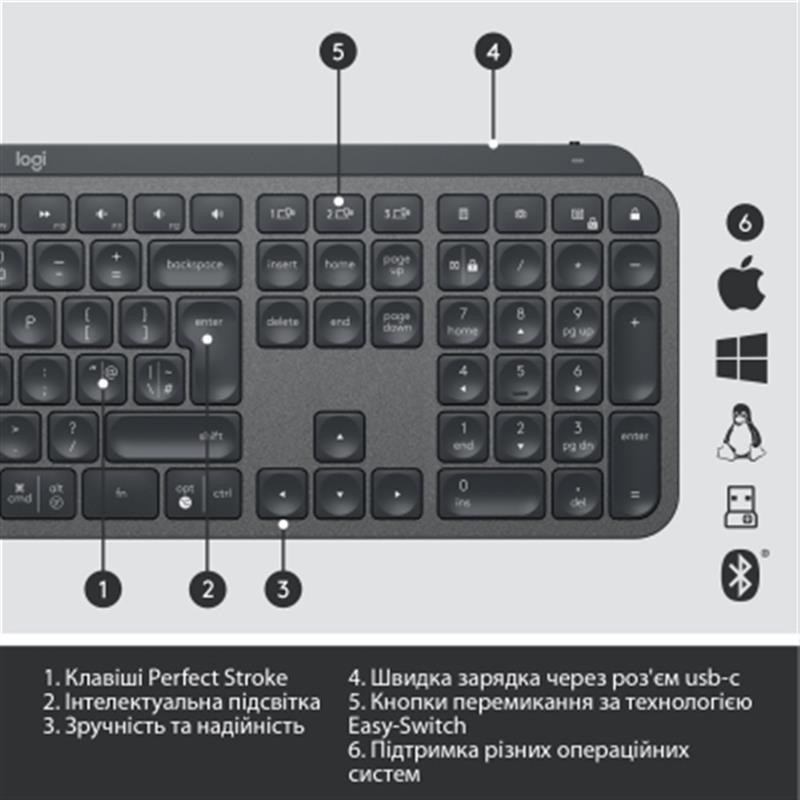 Клавіатура бездротова Logitech MX Keys Advanced for Business Wireless Illuminated UA Graphite Сірий Харків - фото 7