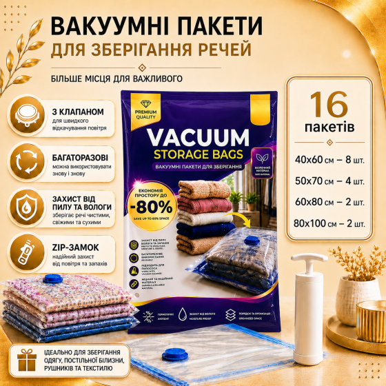 Вакуумные пакеты 16 шт с насосом для переезда и путешествий, хранения одежды, вещей,в шкафу,гардеробной и сезонной смены гардероба Каменец-Подольский