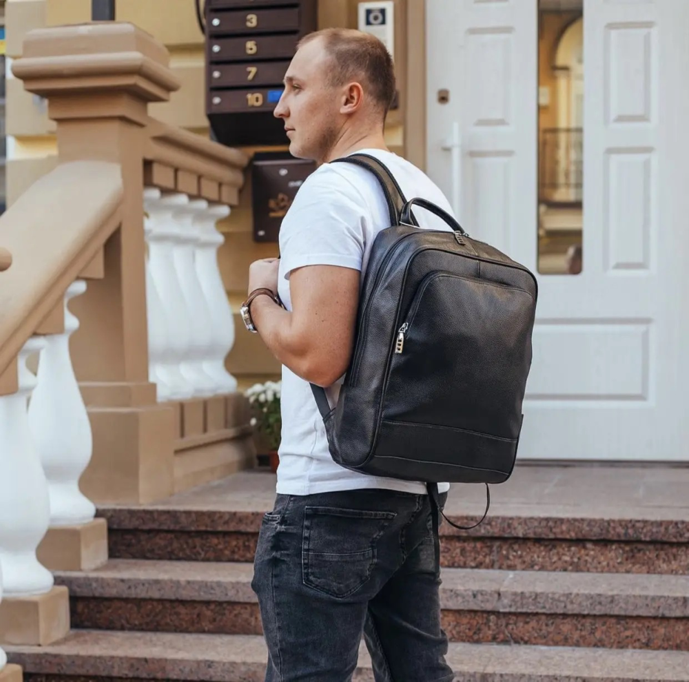 Рюкзак мужской кожаный 28х40х14, городская сумка наплечная для ноутбука и документов, черный Киев - изображение 6