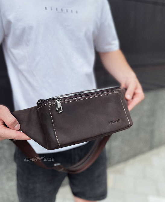 Сумка-бананка из кожи 24х11х8, мужской крези хорс для гаджетов на пояс CH-7371 коричневая Каменское - изображение 20