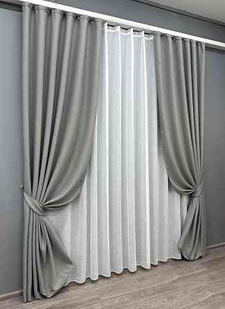 Комплект штор VR-Textil Льон Мішковина 150х270 2шт і Тюль 500х270 867ш-115т світло-сірий з білим 71-060/4 Київ