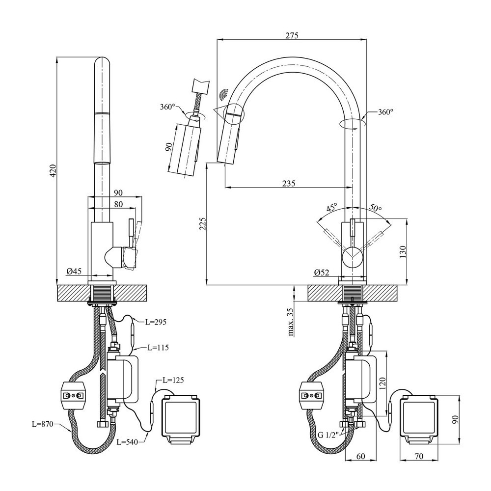 Змішувач для кухні з висувним виливом Kroner KRP Edelstahl Klassisch - PVD03916 сенсорний Київ - фото 2