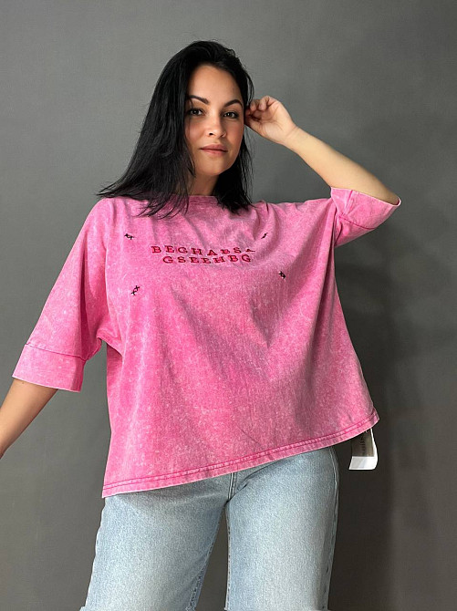 Футболка женская A-N 26028 тай-дай оверсайз с вышивкой, розовый, one size Киев - изображение 20