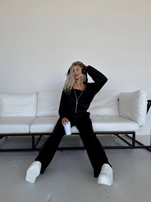 Женский велюровый костюм тройка: кофта корсет и штаны Черный, 48/52 Одесса - изображение 7