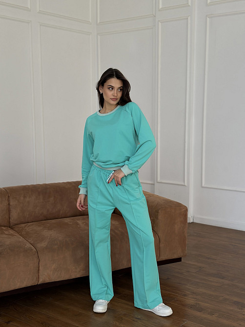 Женский спортивный костюм с широкими штанами Бирюзовый M/L Харьков - изображение 2