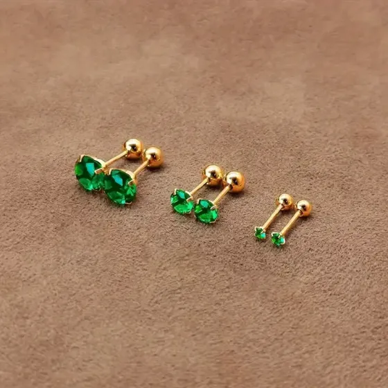 Набор сережек-гвоздиков с зеленым цирконием — 3 пары, золотистый цвет, разные размеры Киев