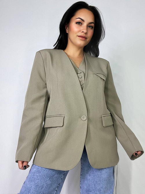 Пиджак женский Qidian 9329 двойка имитация жилетки оверсайз свободный широкий крой one size, бежевый, one size Киев - изображение 5