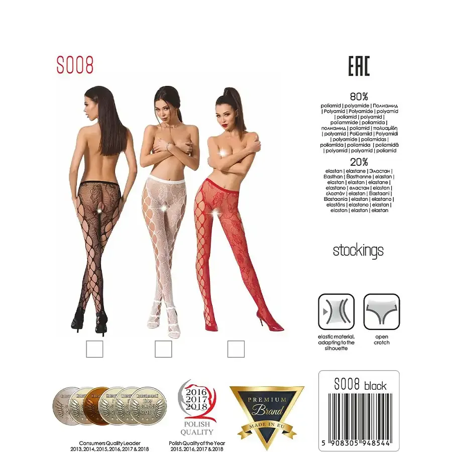 Еротичні колготки-бодістокінг Passion S008 black, ажурні колготки з вирізом та лампасами-сіткою Львов - изображение 8