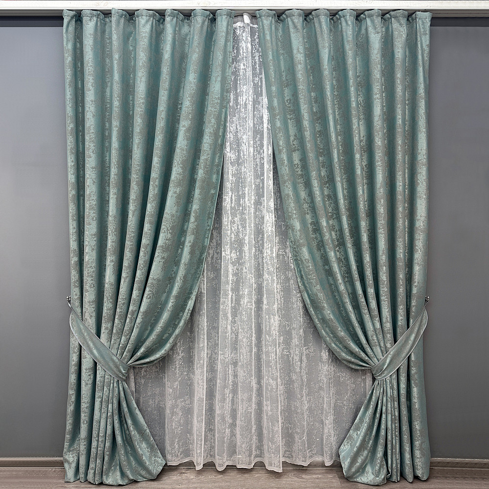 Комплект штор VR-Textil Жаккард Мрамор 200х270 2шт и Тюль 600х270 1148ш-1400т Бирюзово-серый с белым 71-118/7 Киев - изображение 1