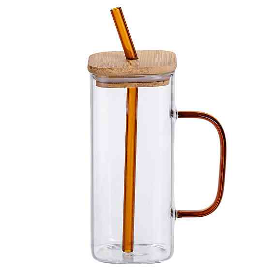 Скляна чашка 400 мл з бамбуковою кришкою і золотистою трубочкою HP-19-146GOLD Коломыя