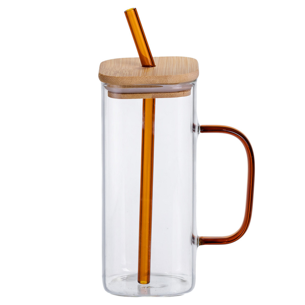 Скляна чашка 400 мл з бамбуковою кришкою і золотистою трубочкою HP-19-146GOLD Коломия - фото 1