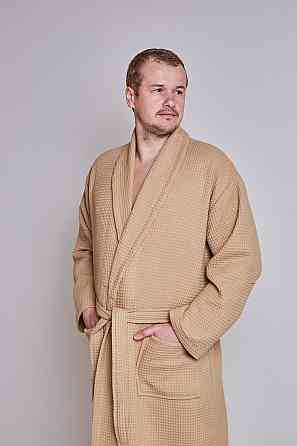 Мужской вафельный халат Ideal Textile длинный бежевый (56860609) 3XL Черновцы