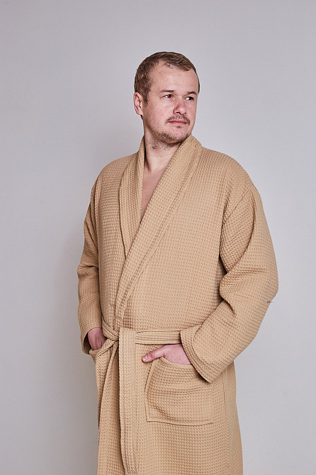 Мужской вафельный халат Ideal Textile длинный бежевый (56860609) 3XL Черновцы - изображение 2