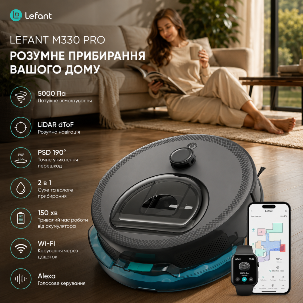 Уцінка Робот-пилосос LEFANT M330 Pro з вологим прибиранням, 5000 Па, LiDAR dToF, PSD 190°, Wi-Fi, Alexa, 150 хв Київ - фото 10