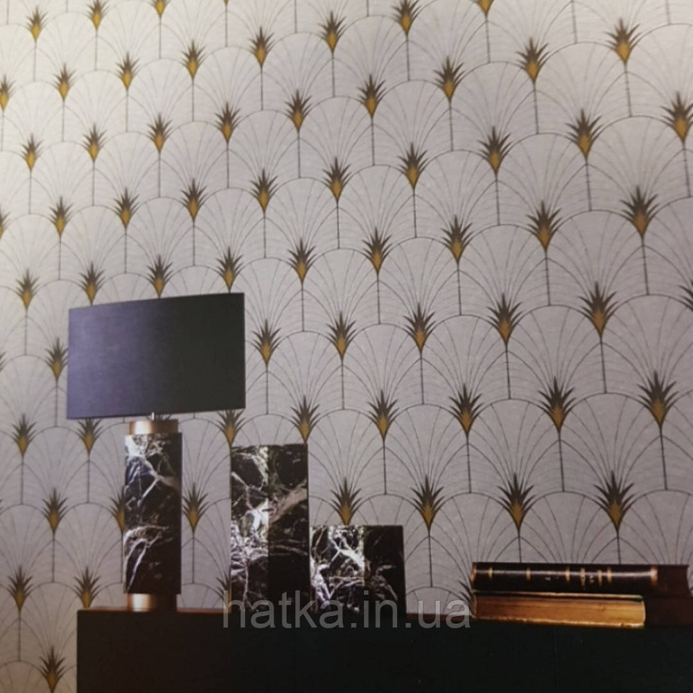 Обои флизелиновые  Decoprint Essentials EE22541 перья павлина полукруги полосы черные золото на серо зеленом Киев - изображение 1