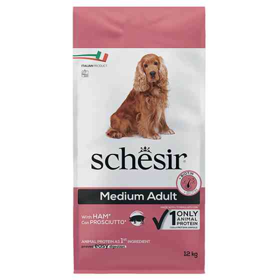 Schesir Dog Medium Adult Ham ШЕЗІР ДОРОСЛИЙ СЕРЕДНІХ ШИНКА сухий монопротеїновий суперпреміум корм для собак середніх порід Київ