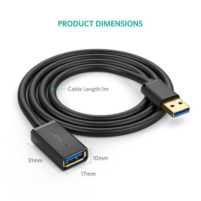 USB кабель подовжувач Ugreen USB 3.0 US129 (AM / AF штекер - гніздо, Чорний, 1м) Николаев - изображение 3