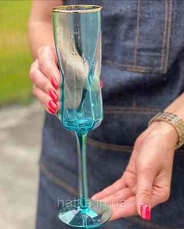 Келих для шампанського "Блакитна Геометрія" 250мл OLGS1001-1 блакитний із золотою облямівкою Київ