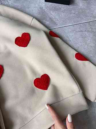 Женский теплый прогулочный костюм двойка с сердечками трехнить на флисе + ангора рубчик Беж, 42/44 Одесса