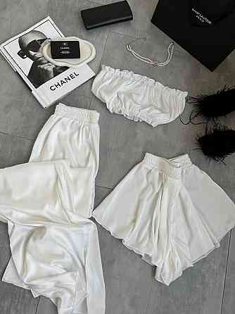 Женская пижама тройка: топ шорты и брюки из шелка армани Молочный, 42/44 Одесса