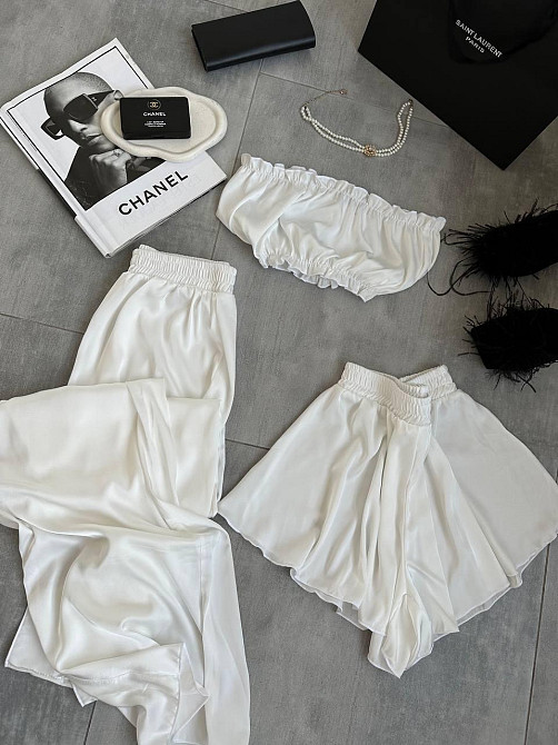 Женская пижама тройка: топ шорты и брюки из шелка армани Молочный, 42/44 Одесса - изображение 5