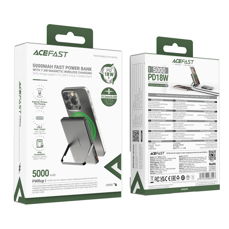 Павербанк 5000 mAh ACEFAST M16 PD 18W швидка зарядка магнітна бездротова ультратонкий підставка чорний power bank повербанк Одеса - фото 2