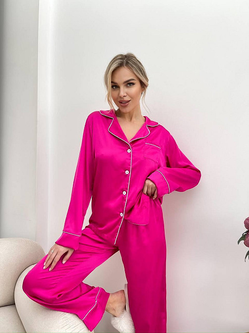 Жіноча стильна піжама двійка: сорочка і штани з шовку Армані. Малина, 42/44 Одеса - фото 6