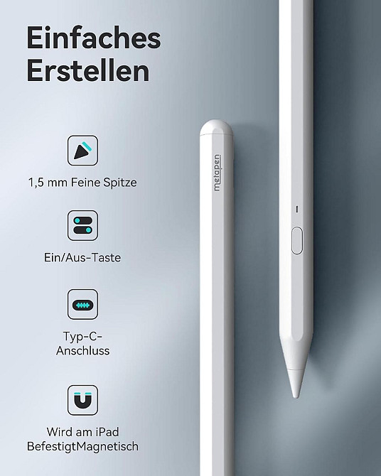 Стилус Metapen A11 для Apple iPad 2018–2026 Palm Rejection Pixel Precision швидке заряджання Білий Дніпро - фото 4