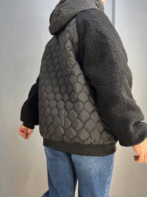 Куртка жіноча DARK SNOW 2355 стегана ркува штучне хутро з капюшоном збільшені розміри чорна, чорний, Одеса - фото 3