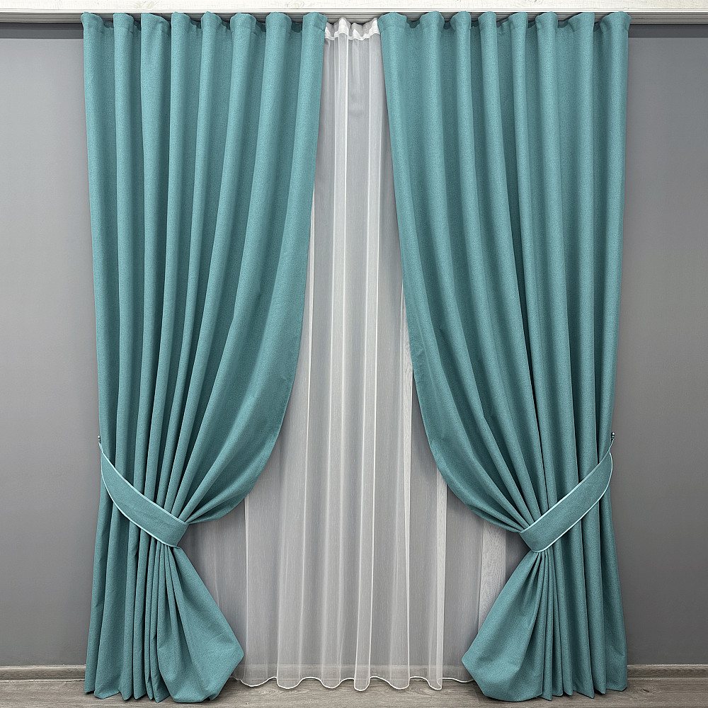 Комплект штор VR-Textil 100% блекаут ASHEN NIGHT 150х270 2шт і Тюль 400х270 1846ш-1153т лазурний з білим 71-089/3 Київ - фото 1