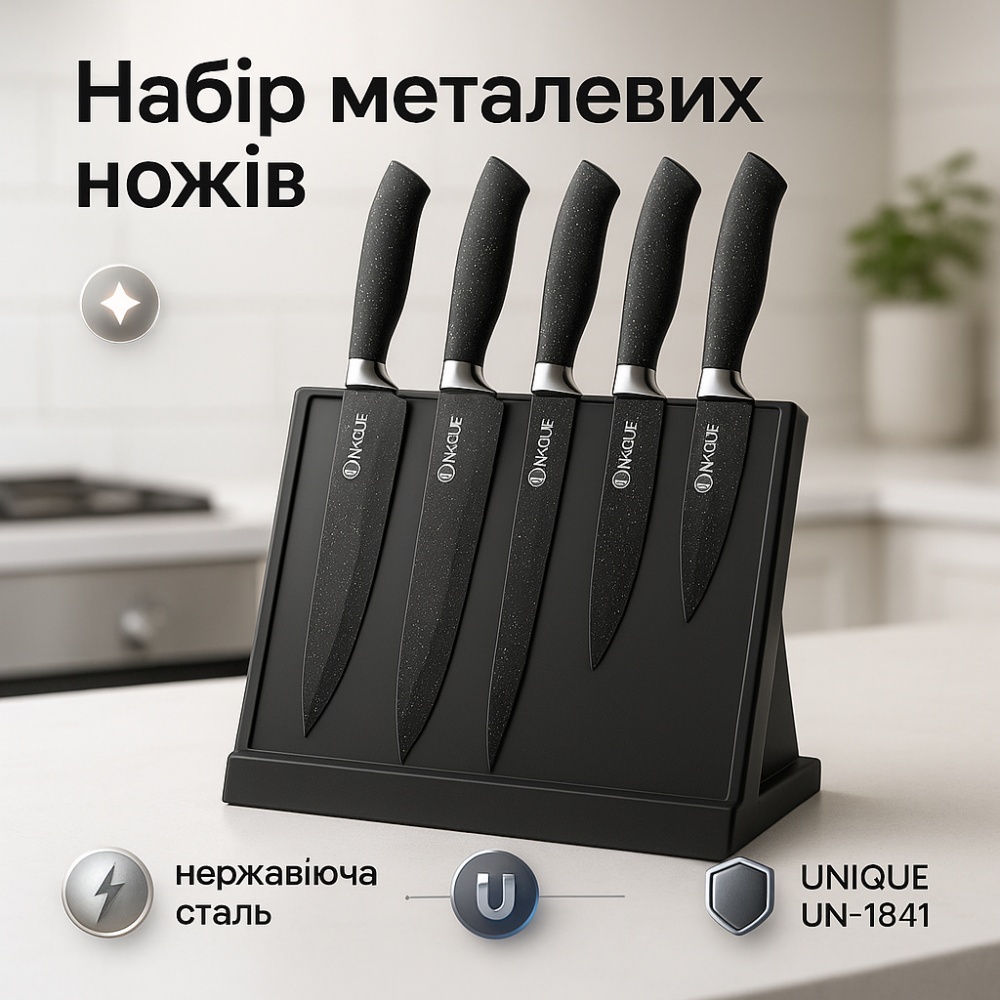 Набор ножей UNIQUE UN-1841 из нержавеющей стали с подставкой + точилка 6 предметов XJ-88 Львов - изображение 13