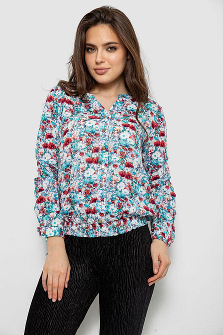 Блуза женская с цветочным принтом, с V-вырезом, приталенная на пуговицах из хлопка, Разноцвет, XL Лубны - изображение 6