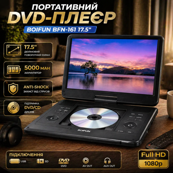Портативний DVD-плеєр BOIFUN BFN-161 17.5" (екран 15.6"): поворотний HD дисплей, акумулятор 5000 мАг, USB, SD, Anti-Shock Київ