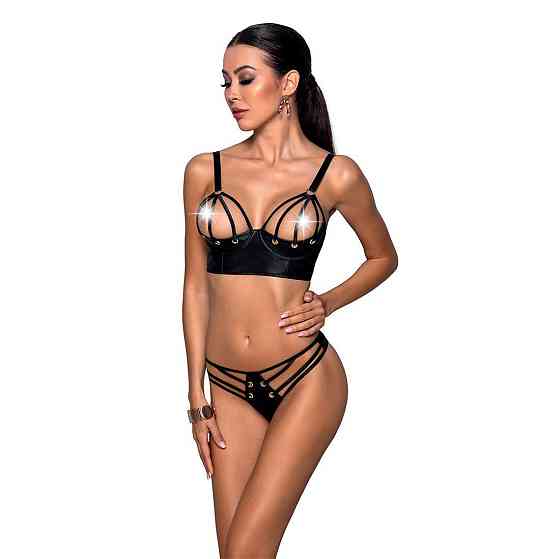 Комплект з екошкіри з люверсами та ремінцями Passion MALWIA BIKINI XXL/XXXL, black, бра та трусики Sex Aura Київ