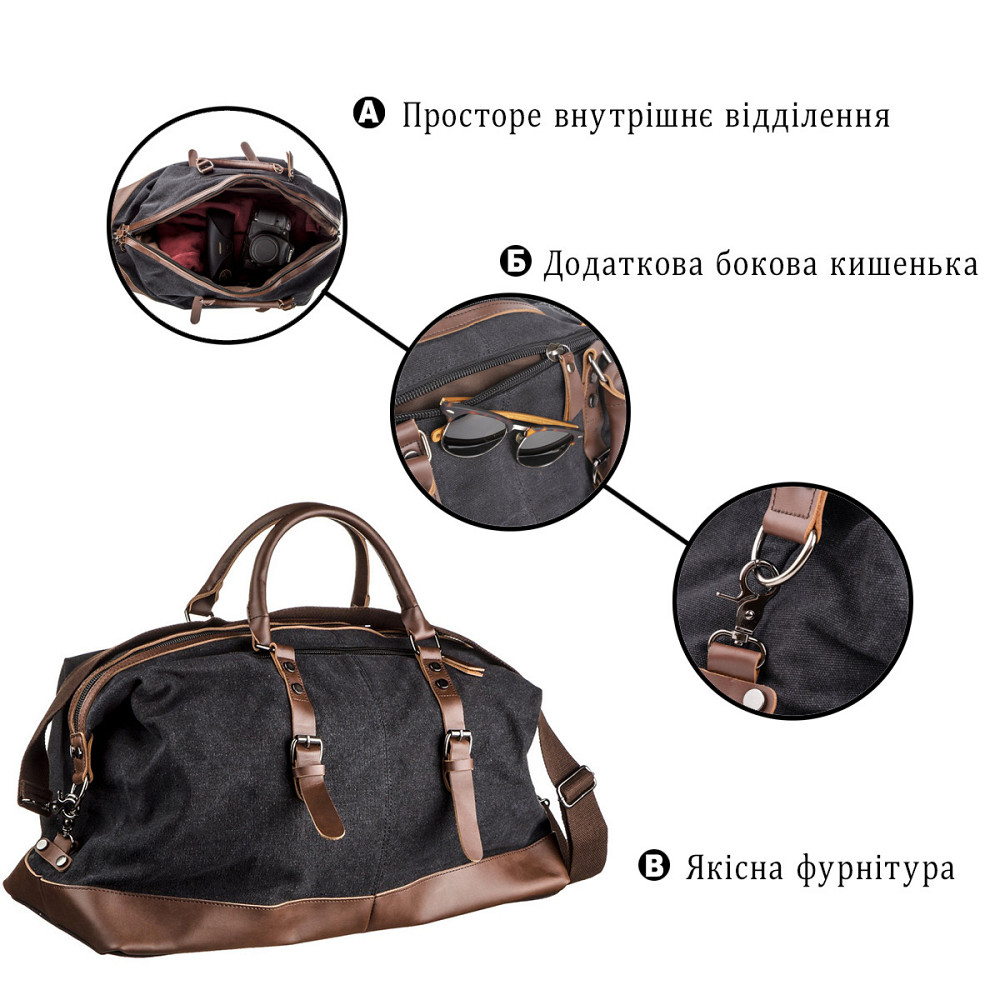 Дорожня сумка текстильна велика Vintage 20166 Чорна Київ - фото 4