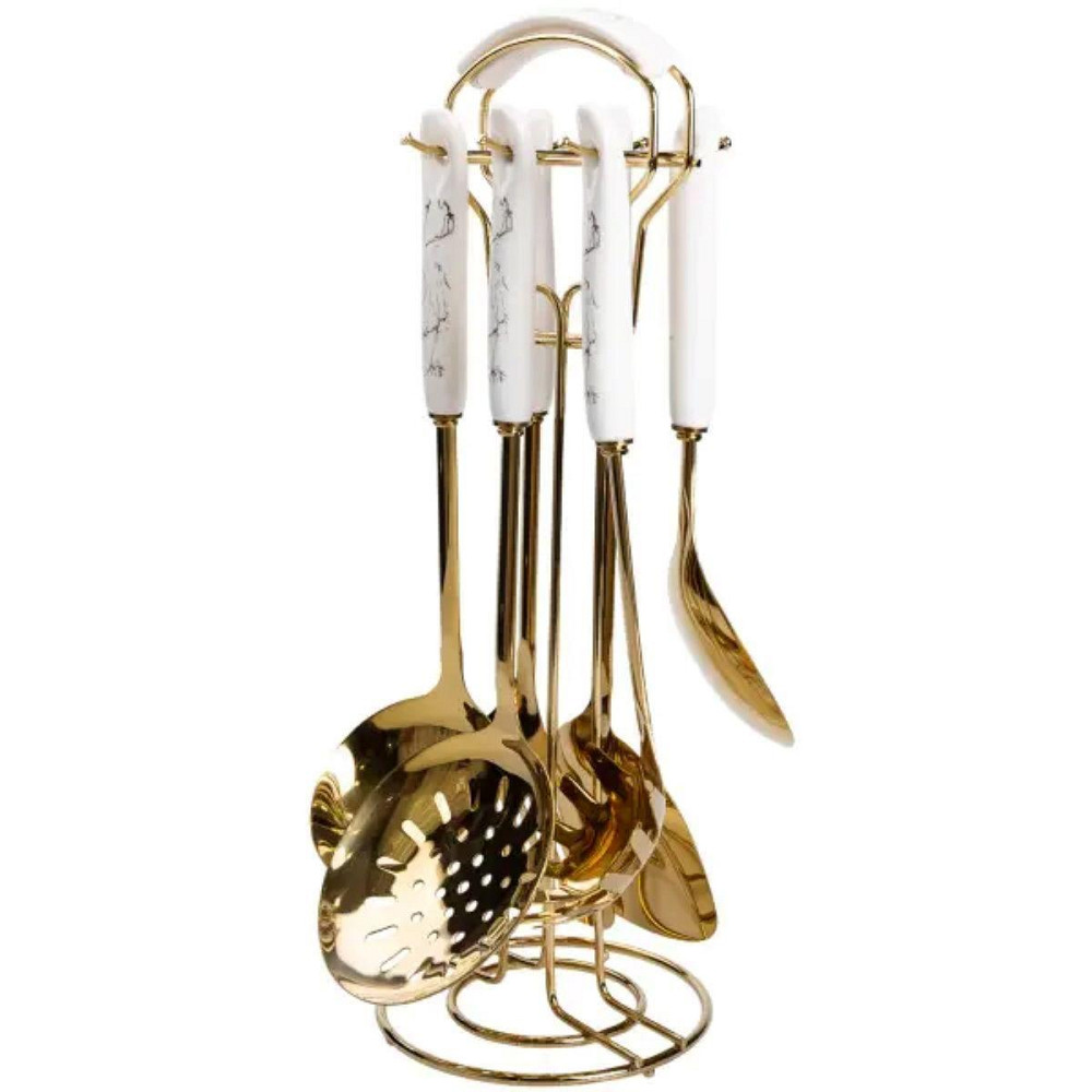 Набір кухонного приладдя 7 предметів на підставці столові прилади з нержавіючої сталі Золото з білим HP-20-7 Київ - фото 1