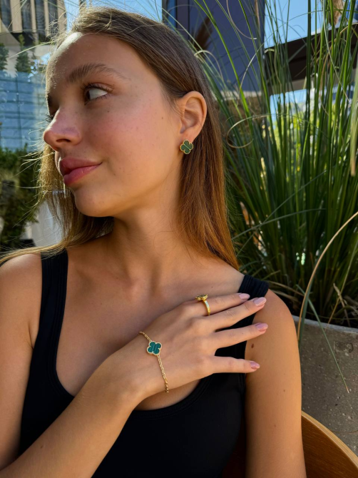 Van Cleef набір 3 предмети малахіт — сережки, кільце, браслет / зелена емаль / лимонне золото / проба, гравіювання Одеса - фото 1