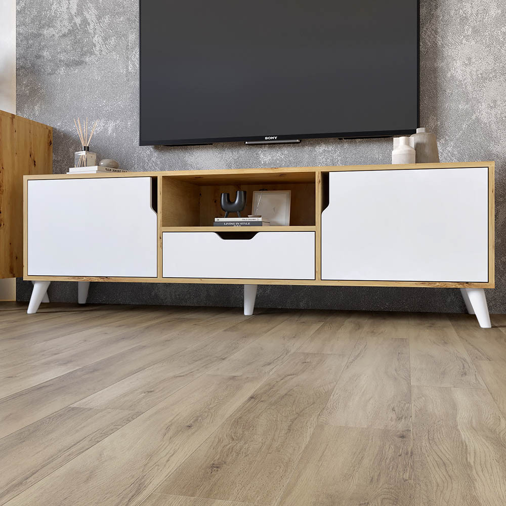 Тумба під телевізор з білими ніжками М-ЗОН Борн 1600 Дуб Артизан/Німфея Альба (білий) (MZN-031079) Львів - фото 1