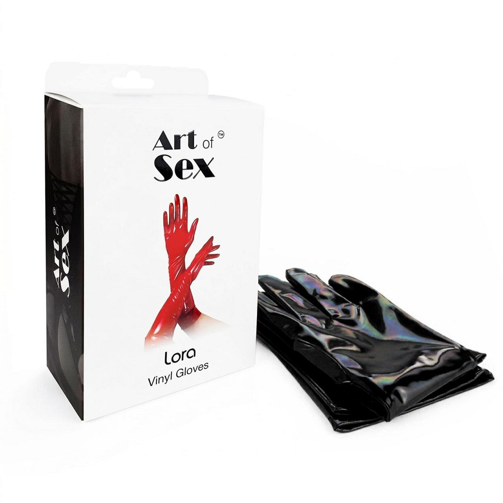 Глянсові вінілові рукавички Art of Sex - Lora, розмір S, колір чорний з ефектом голограми Київ - фото 4