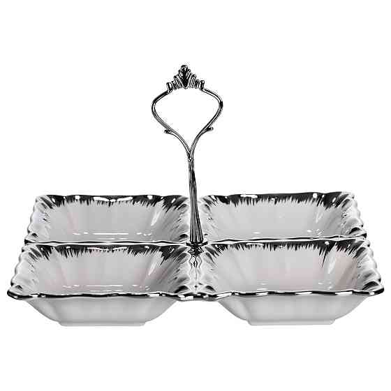 Yiwu Менажниця порцелянова на 4 секції 22.5×22.5×3 (см) з ручкою Білий зі сріблом LC-BYL-101-S Коломия