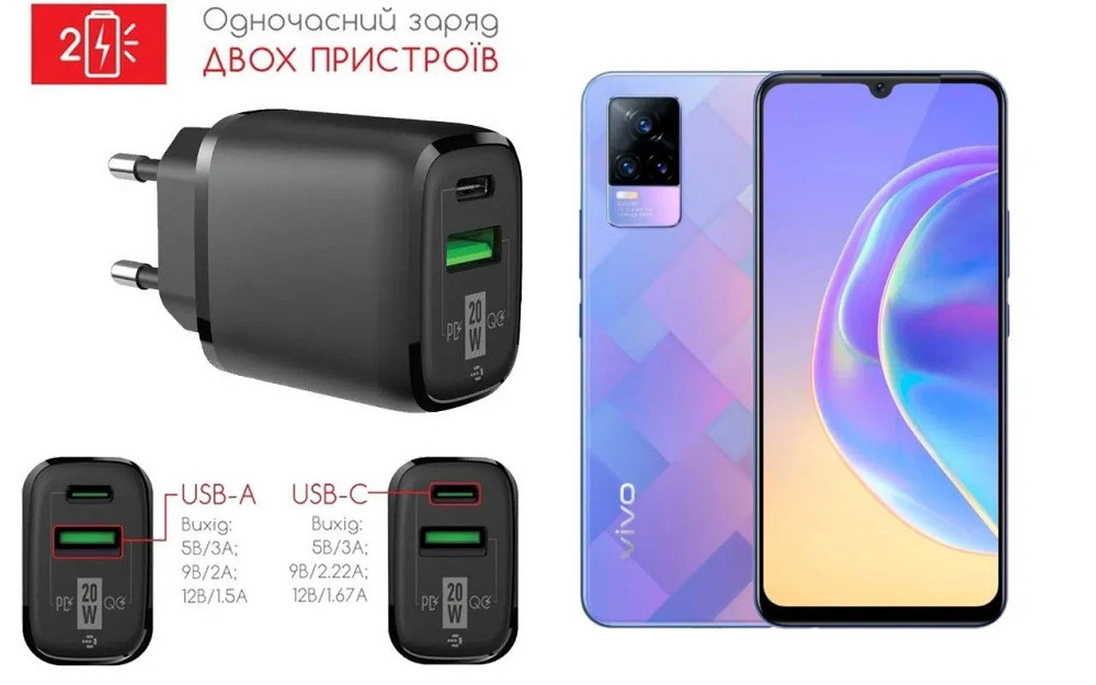 Сетевое зарядное устройство для Vivo V21e, 20W 3A, Quick Charge 3.0 Киев - изображение 1