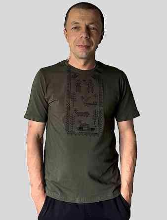 Вишита чорними нитками вишиванка футболка в кольорі хакі Київ